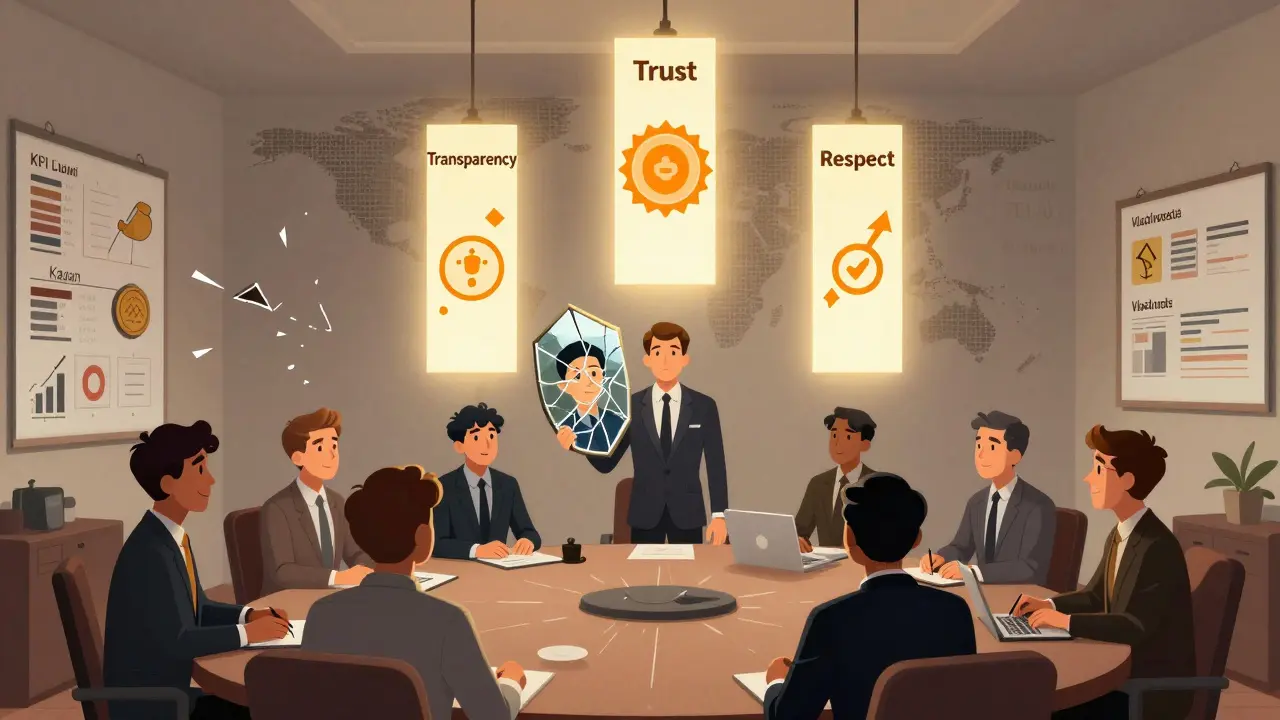 Команда обсуждает ценности в комнате, где стены разрушаются, а над ними светятся три столпа: прозрачность, доверие, уважение.