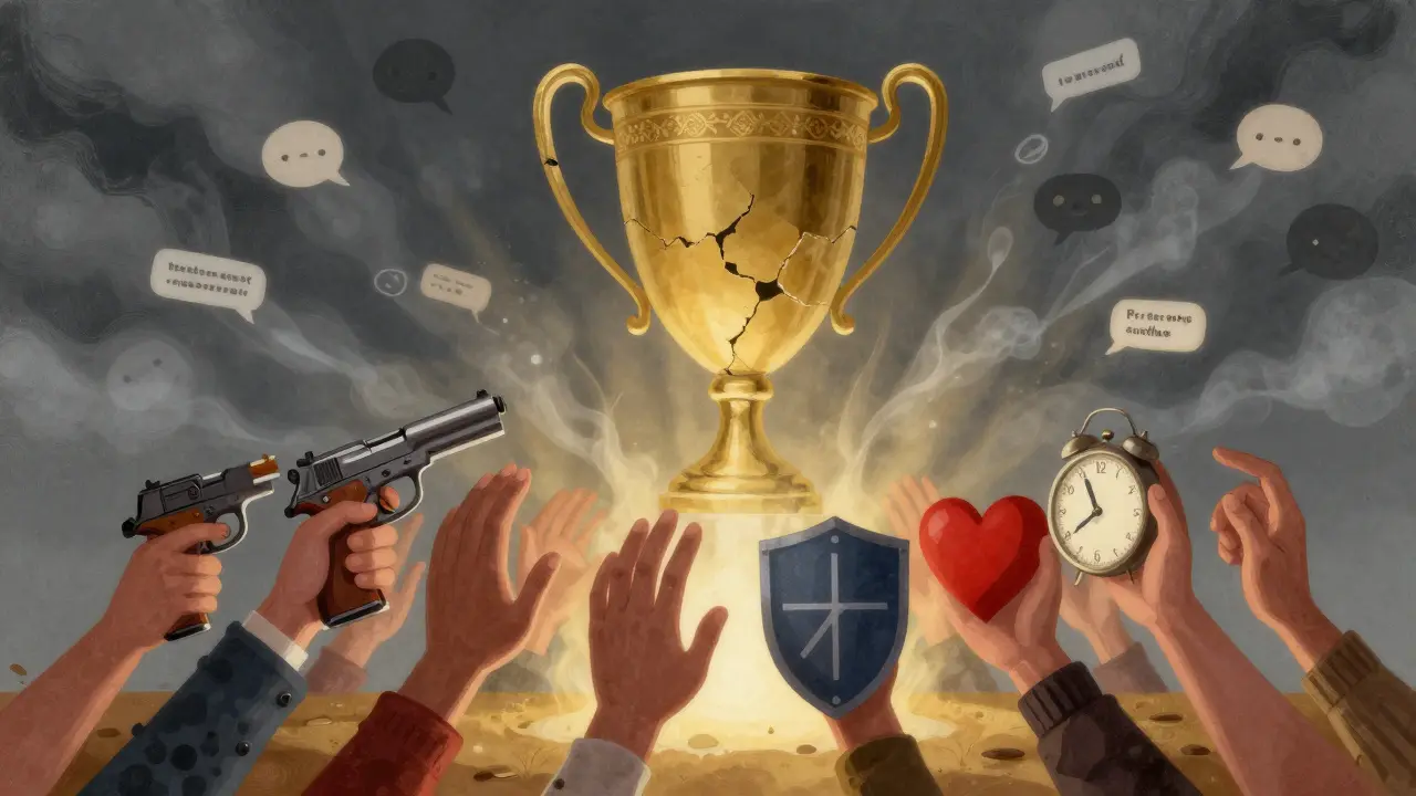 Команда стоит в кругу, держа символы доверия, а токсичные комментарии тают в дыму, свет восходит снизу.