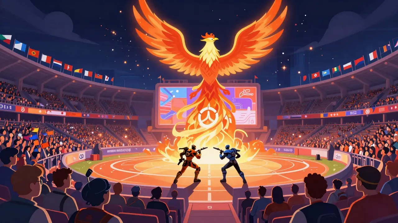 Массовый финал Overwatch World Cup в ночном стадионе, зрители смотрят на экране в форме феникса, 50 национальных флагов развеваются вокруг.