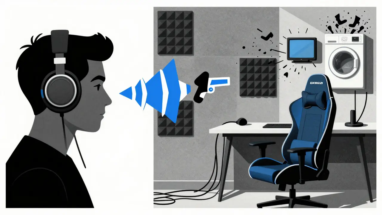 Наушники передают звуки игры, стена поглощает внешний шум, стул и стол — в чистом порядке.