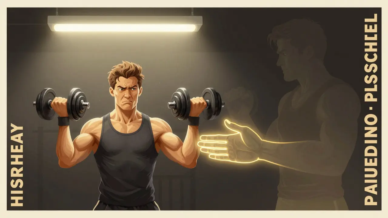 Один человек тренируется в одиночку, рядом — светящиеся руки, символизирующие утраченную синергию с партнером.