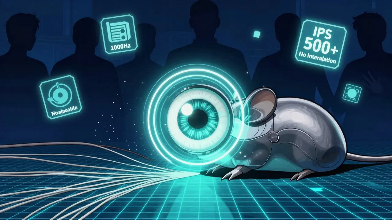 Оптический сенсор мыши сканирует тканевую поверхность, отталкивая пылинки, с идеальной цифровой траекторией под ним.