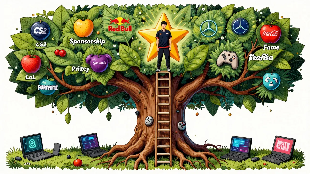 Плакат в стиле польской школы: дерево киберспорта с корнями в клубах и плодами из спонсоров и призов.