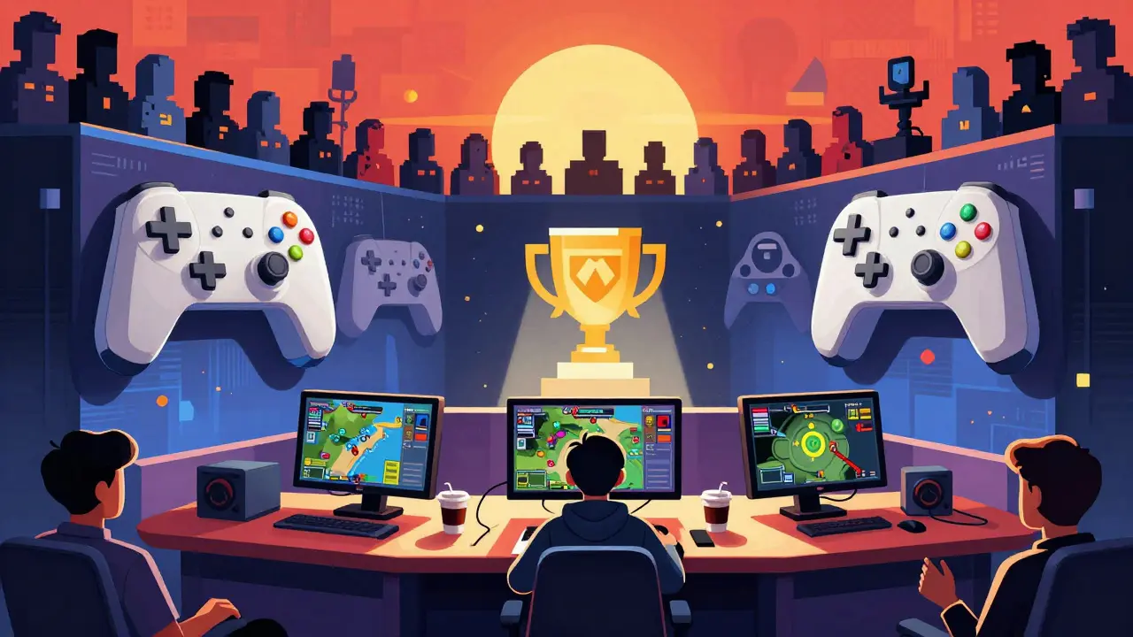 Плакат в стиле польской школы: турнирный арена из контроллеров, один игрок тренируется под лучом света.