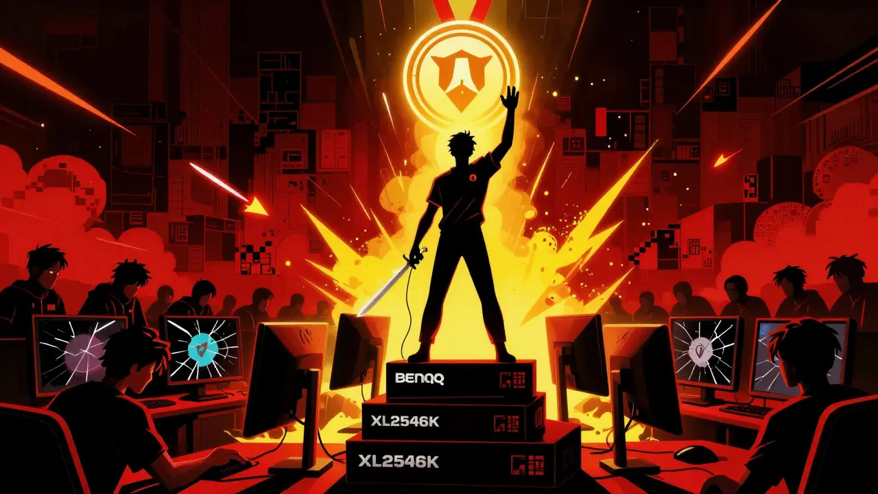 Победитель на пьедестале из мониторов 1080p, в окружении проигравших с 1440p экранами.