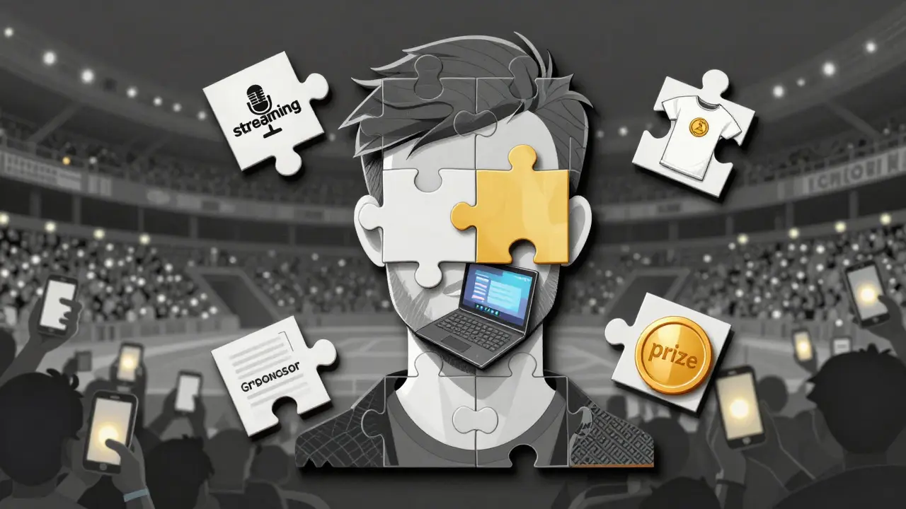 Портрет киберспортсмена, составленный из частей его доходов: стрим, спонсоры, мерч и приз, на фоне стадиона с фанатами.