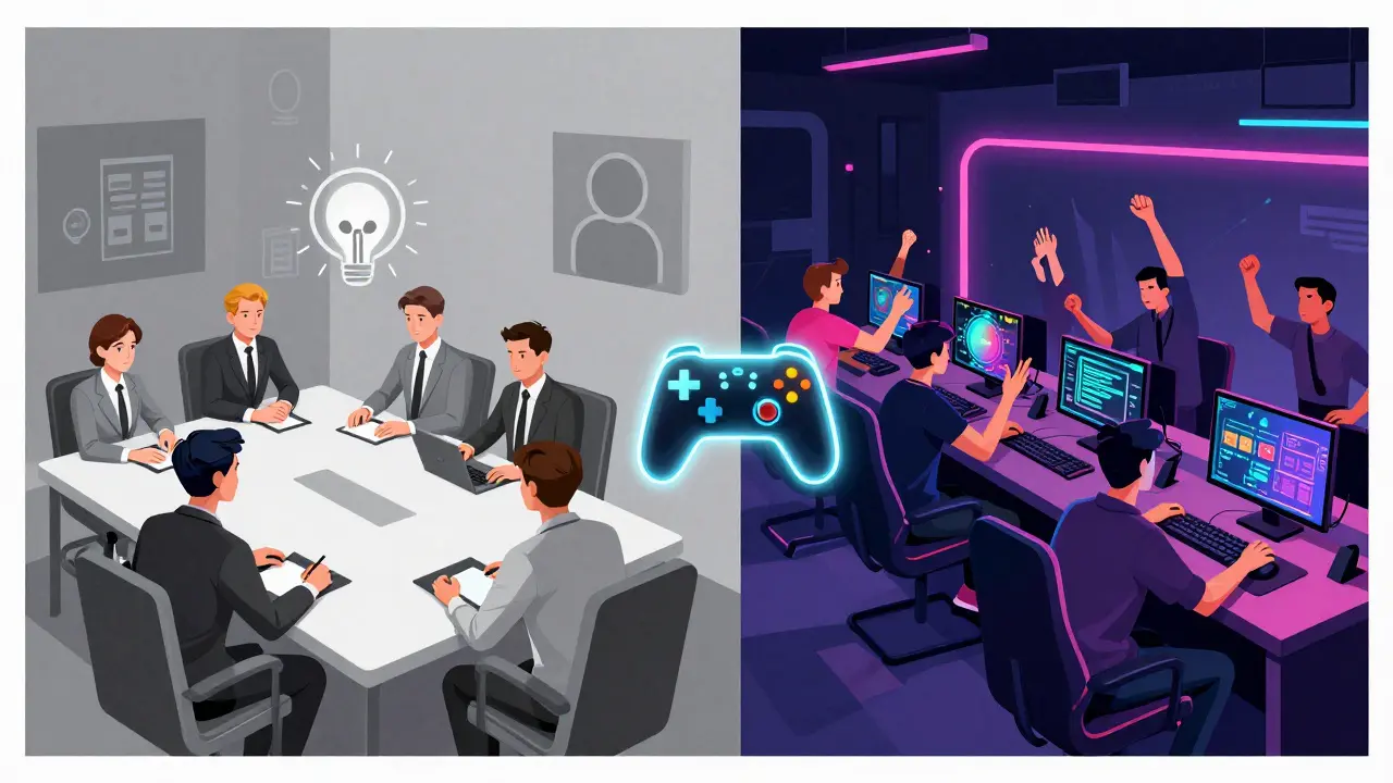 Разделённая сцена: скучное совещание слева и оживлённая игровая команда справа, соединённые игровым контроллером.