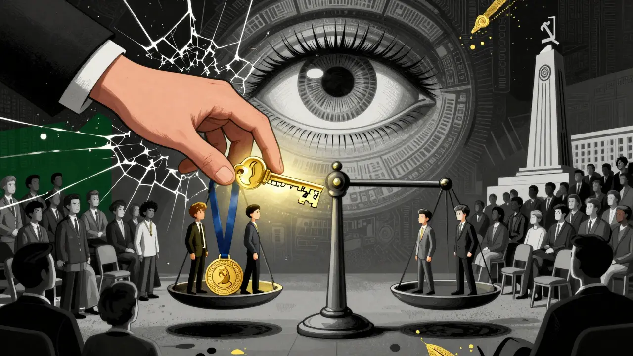 Рука предлагает ключ честной игры, одна сторона весов — победы с утечками, другая — пустые места зрителей.