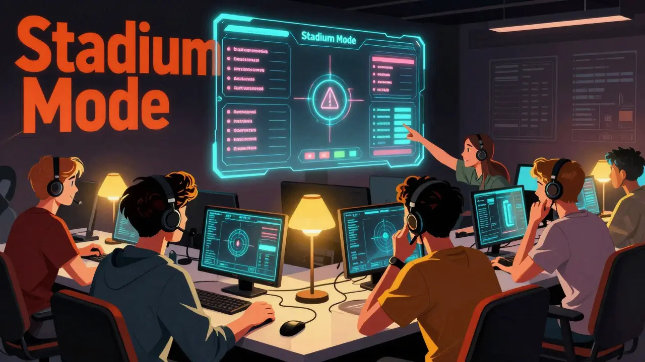 Студенты в лаборатории смотрят на голографическую панель 'Стадион' с реальными статистиками и рекомендациями в режиме реального времени.