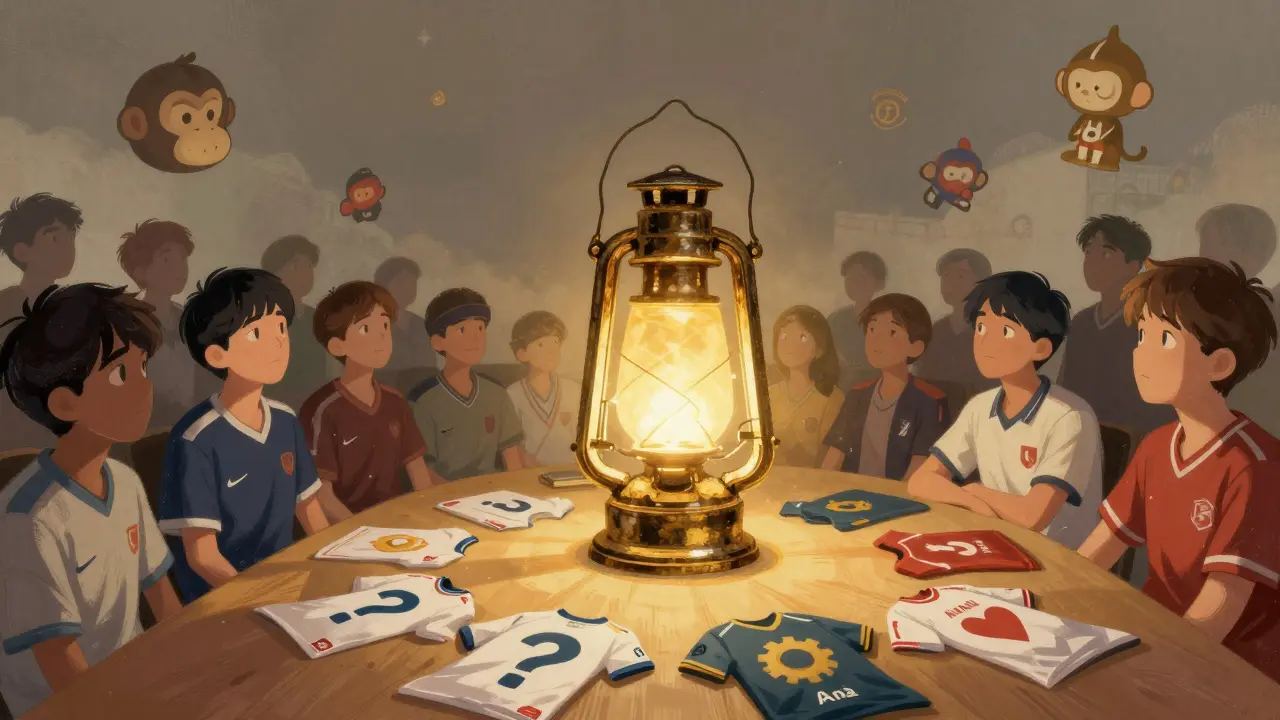 Светящийся трофей освещает разлетающиеся джерси игроков, молодые игроки смотрят вверх, наследие OG.