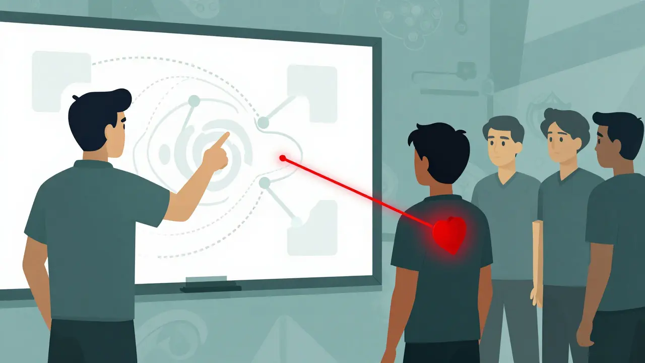 Тренер показывает на доске конкретный игровой момент, игрок смотрит вниз, команда внимательно слушает.