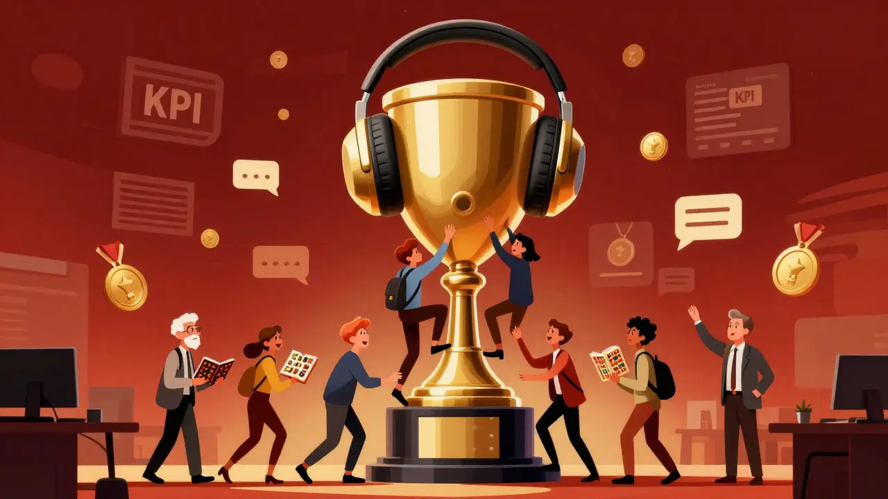 Трофей в виде наушников растёт из офиса, вокруг него сотрудники разных возрастов поднимаются вверх.