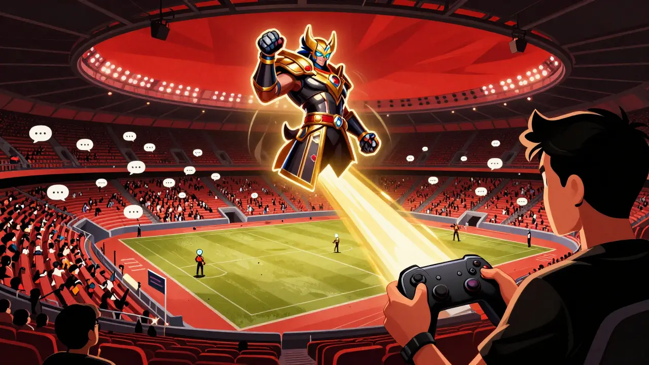 Виртуальный стадион из чат-аватаров с падающими наградами Twitch Drops и звуковой волной стримера.