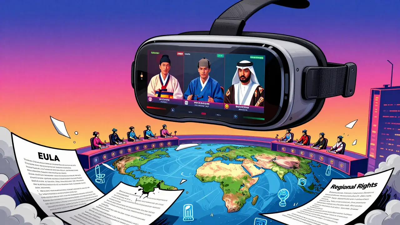 VR-шлем показывает локальные трансляции киберспорта по всему миру, юридические документы разрываются цифровым потоком.