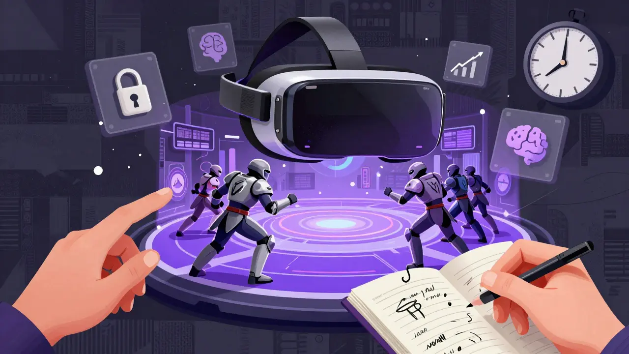 ВР-шлем проецирует киберарену, рядом — анализ и символы роста, стиль 2027 года.