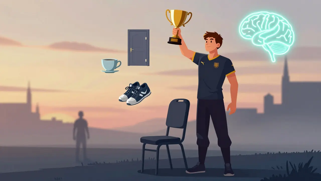 Атлет стоит у пустого стула, вокруг — символы дисциплины: чашка, закрытая дверь, кроссовки, спокойный мозг светится.