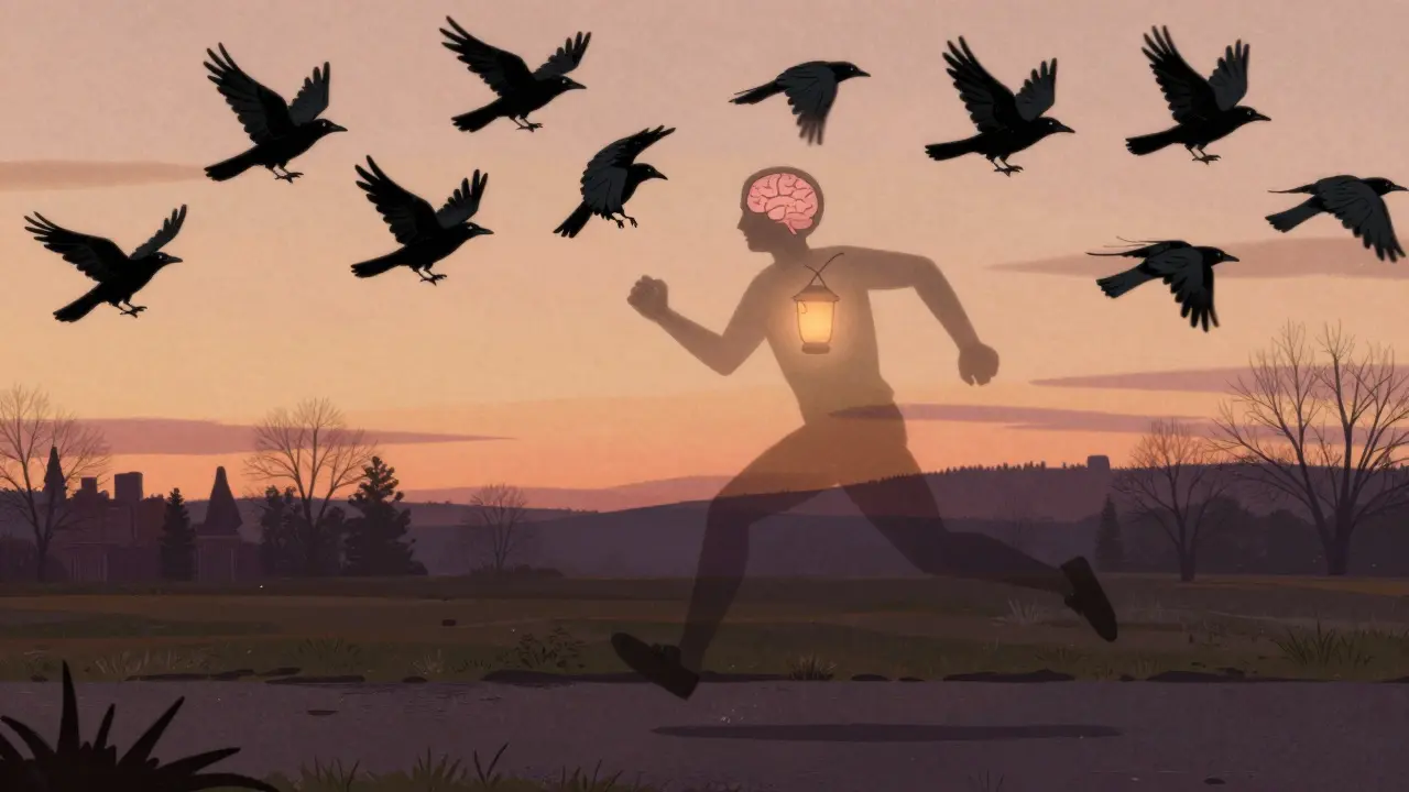 Бегун в полупрозрачном силуэте, внутри которого светится спокойный мозг, а хаотичные вороны улетают прочь.