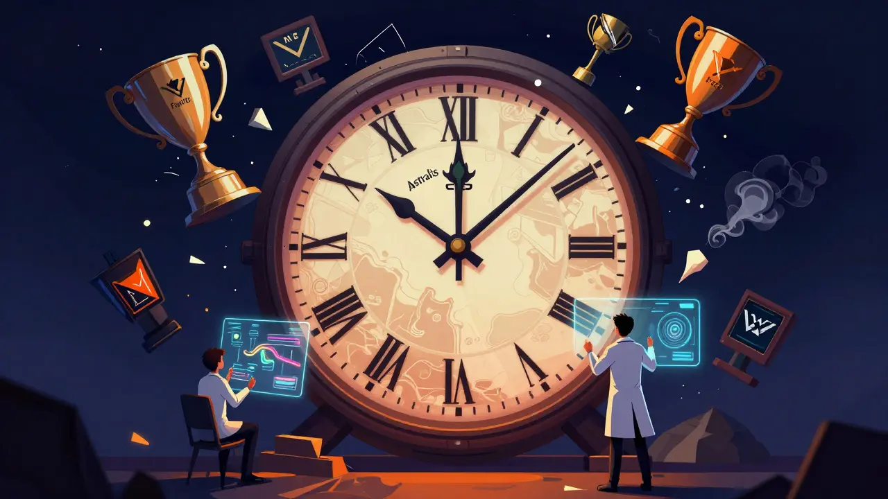 Часы с картами CS:GO, где Astralis доминирует, а соперники падают, в стиле польского плаката.