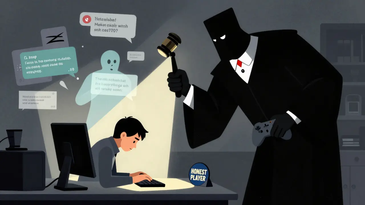 Геймер под тенью судьи, рядом — призраки нарушений и один луч над чистой клавиатурой.