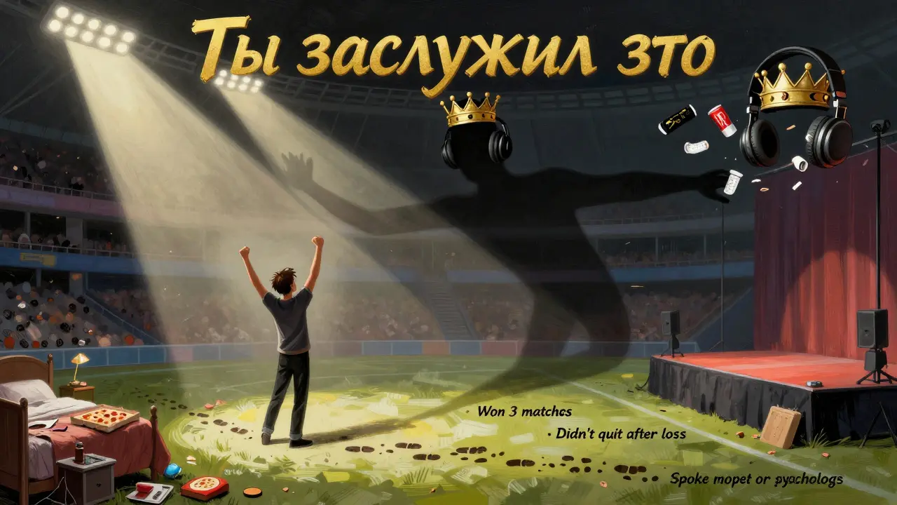 Игрок в стадионе, его тень — корона из наушников, под ногами путь побед.