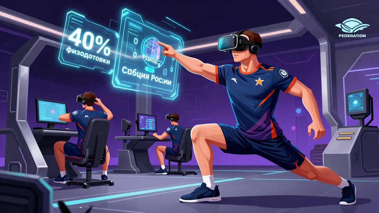 Киберспортсмен в тренировочном зале сочетает физические упражнения с игровыми наушниками, над головой — цифровые показатели и логотип ФКС.
