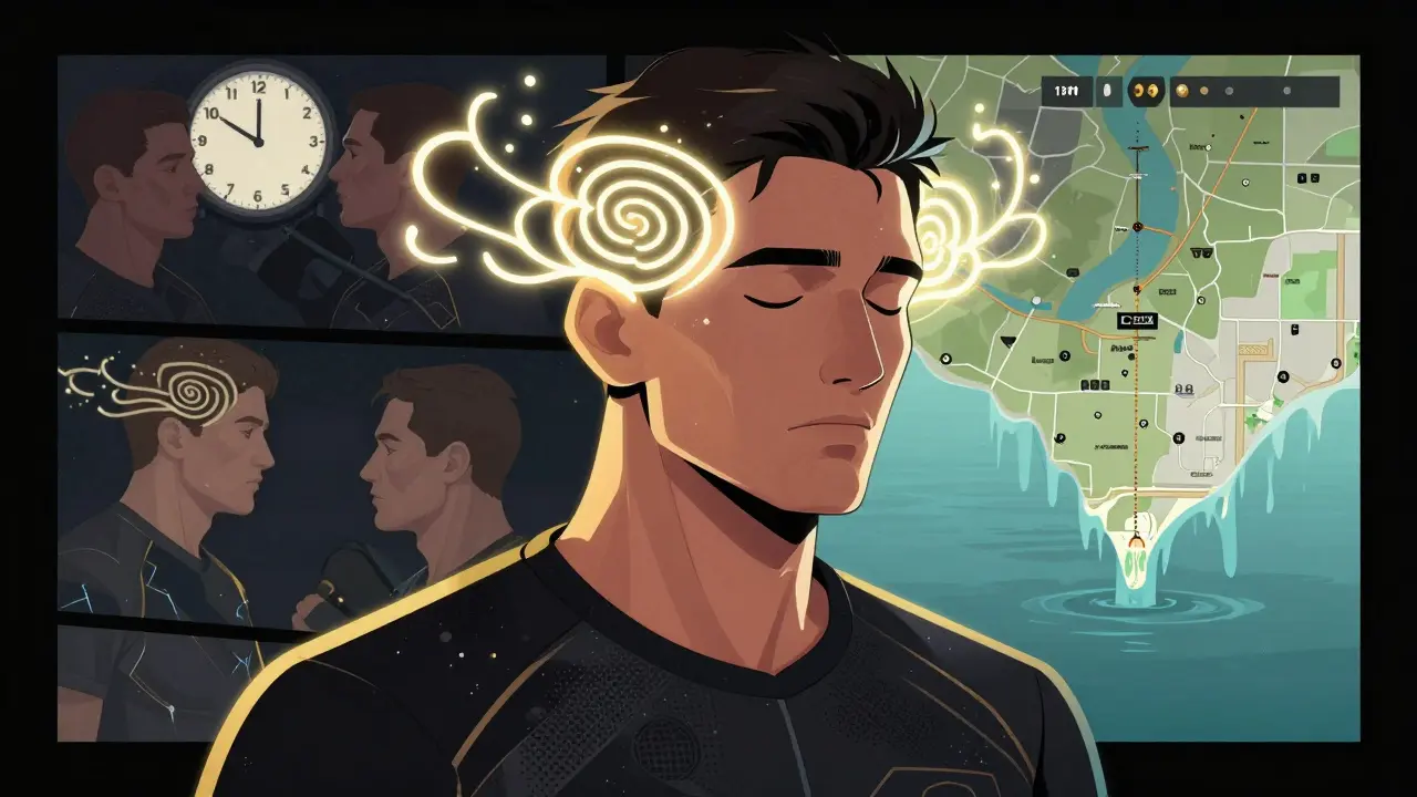 Киберспортсмен визуализирует идеальный раунд, вокруг него — символы дыхания, времени и карты Dust2.