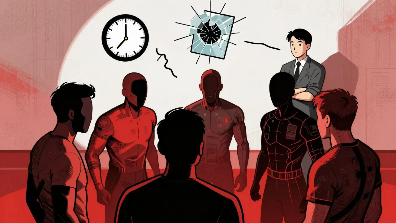 Команда киберспортсменов сидит в молчании, психолог наблюдает, над ними — символы эмоций и пауз.