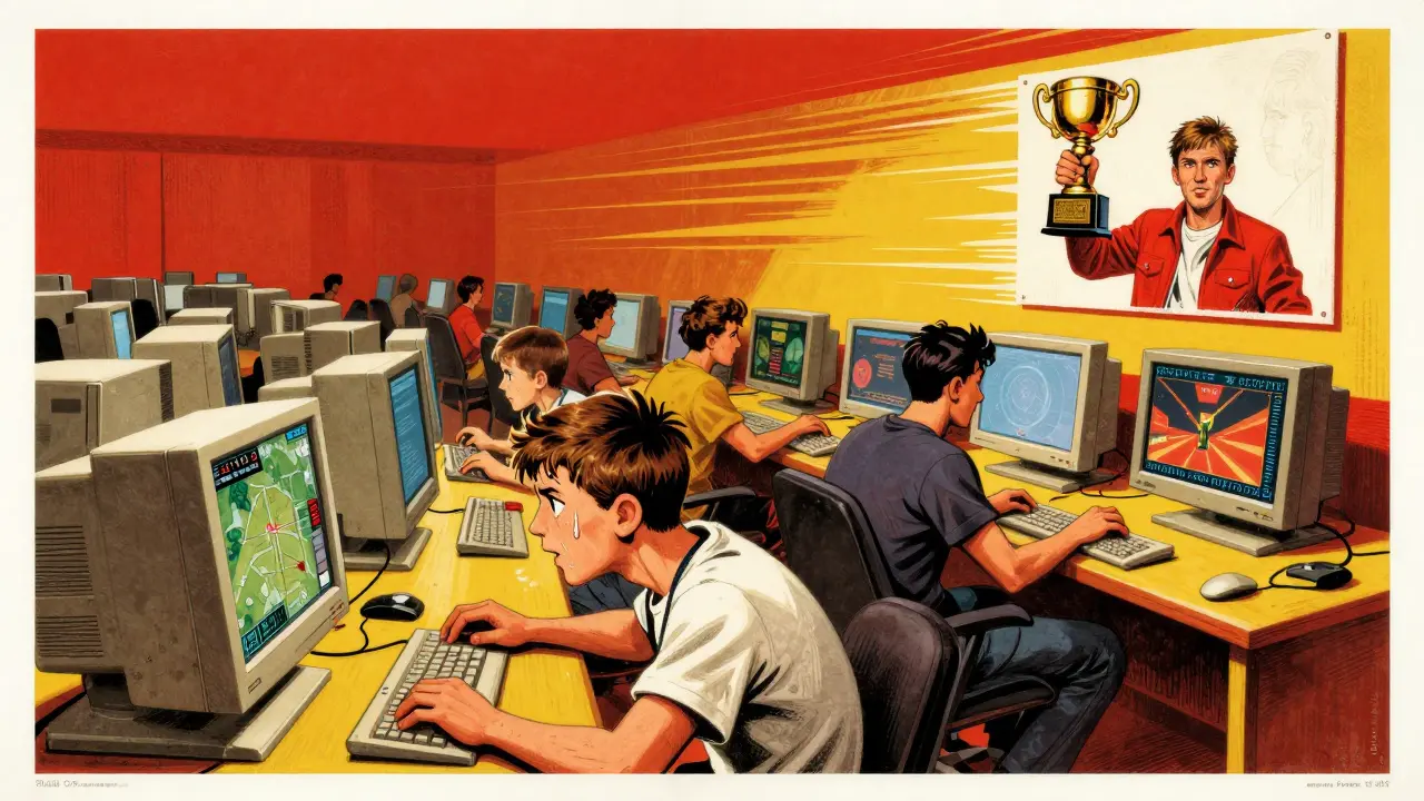 Компьютерный клуб начала 2000-х: игроки смотрят на турнирный экран, на стене — плакат с киберспортсменом.