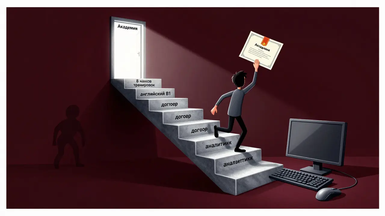 Лестница из игрового оборудования ведет к двери с надписью 'Академия', игрок поднимается вверх под светом сертификата.