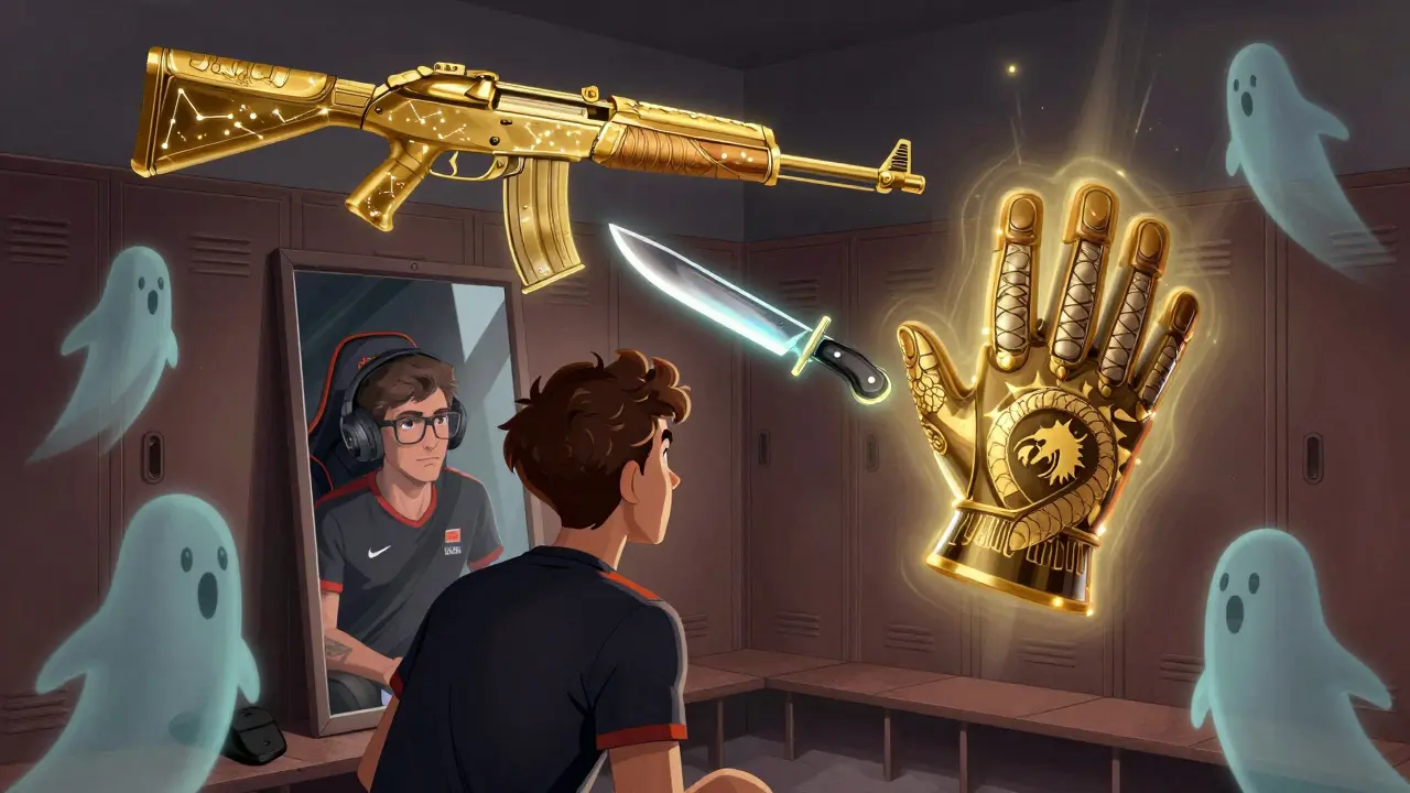 Личный шкаф с роскошными скинами, новичок смотрит в зеркало, где отражается профессионал, вокруг — призраки смурфов и нубов.