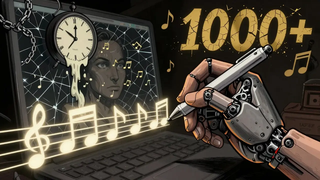 Механическая рука рисует сложный слайдер по нотному стану, за ней — поток нажатий и цифра 1000+ в стиле советского плаката.