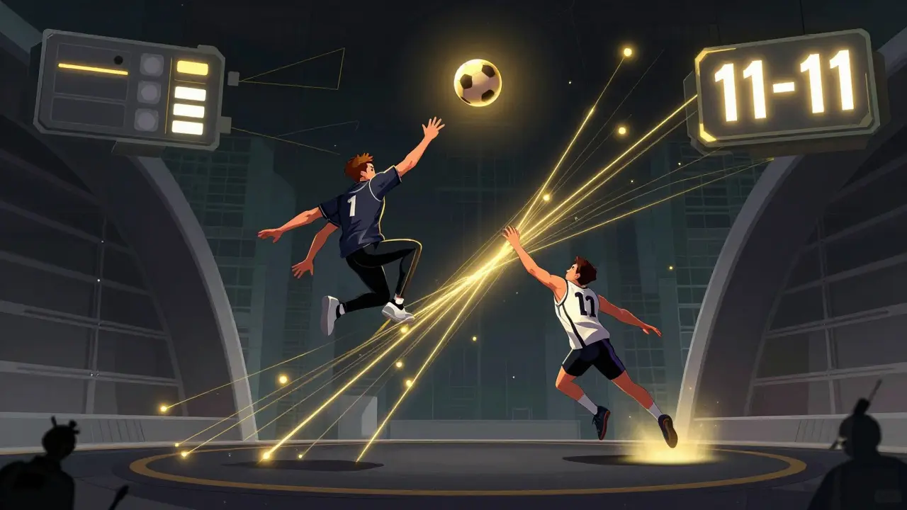 Напряжённая сцена 2v2 матча: игроки в воздухе, мяч на пике полёта, траектории линиями.