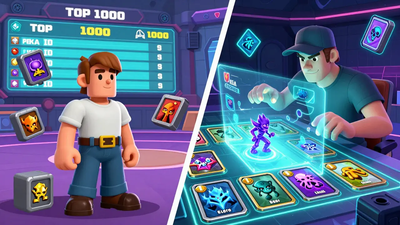 Новичок и топ-игрок в киберспортивной арене, вокруг них — голографические карты и цифровой рейтинг.