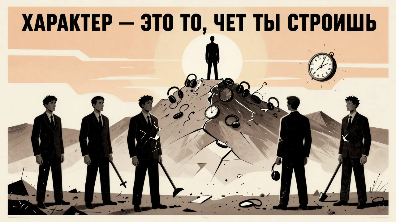 Один игрок на вершине кучи разбитых устройств, противники в замешательстве, над ним — надпись о характере.