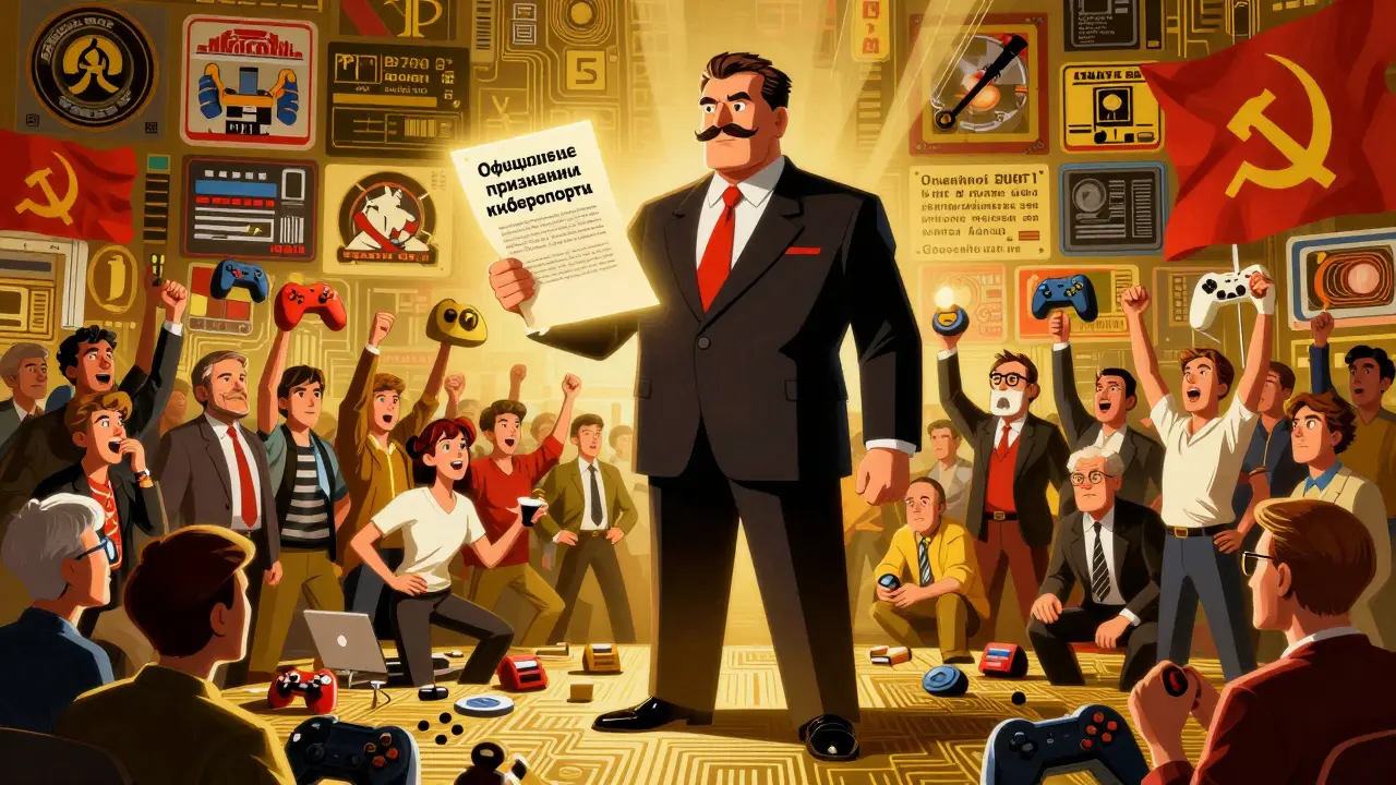 Официальное признание киберспорта в России в 2001 году: чиновник вручает декрет, вокруг — герои киберспорта с игровыми контроллерами и логотипами.