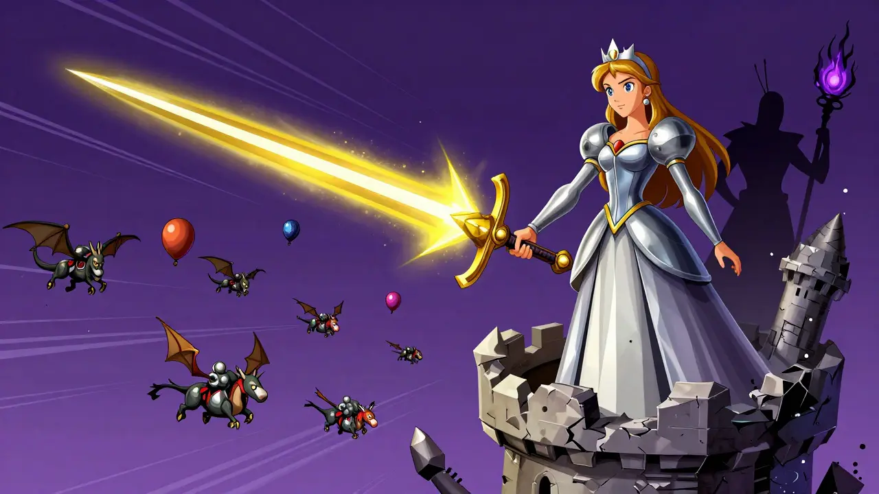 Принцесса Кинжала стреляет из башни, уничтожая воздушные атаки, за ней — Шахтер с Ядом.