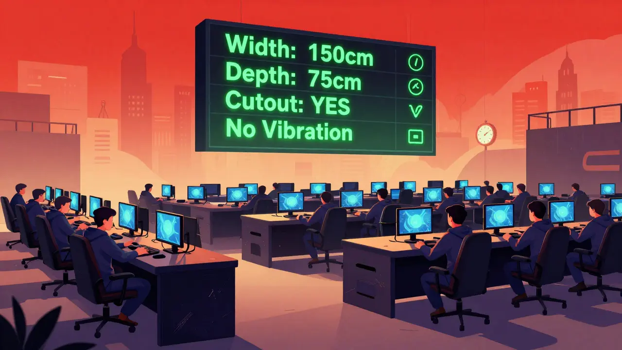 Профессиональная киберспорт-арена с рядами идеальных столов и контрольным списком в стиле полиского плаката.