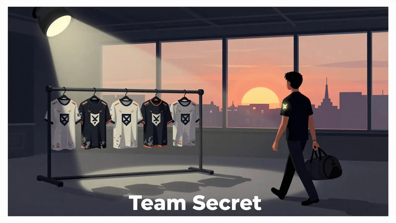 Пустой арена, пять джерси на вешалке, рассвет за окном, Puppey уходит с сумкой, одинокий и величавый момент.