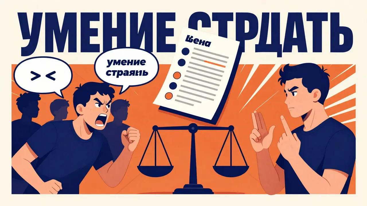 Разделенная сцена: игрок кричит на команду слева и спокойно общается справа, между ними весы, оценивающие навыки.