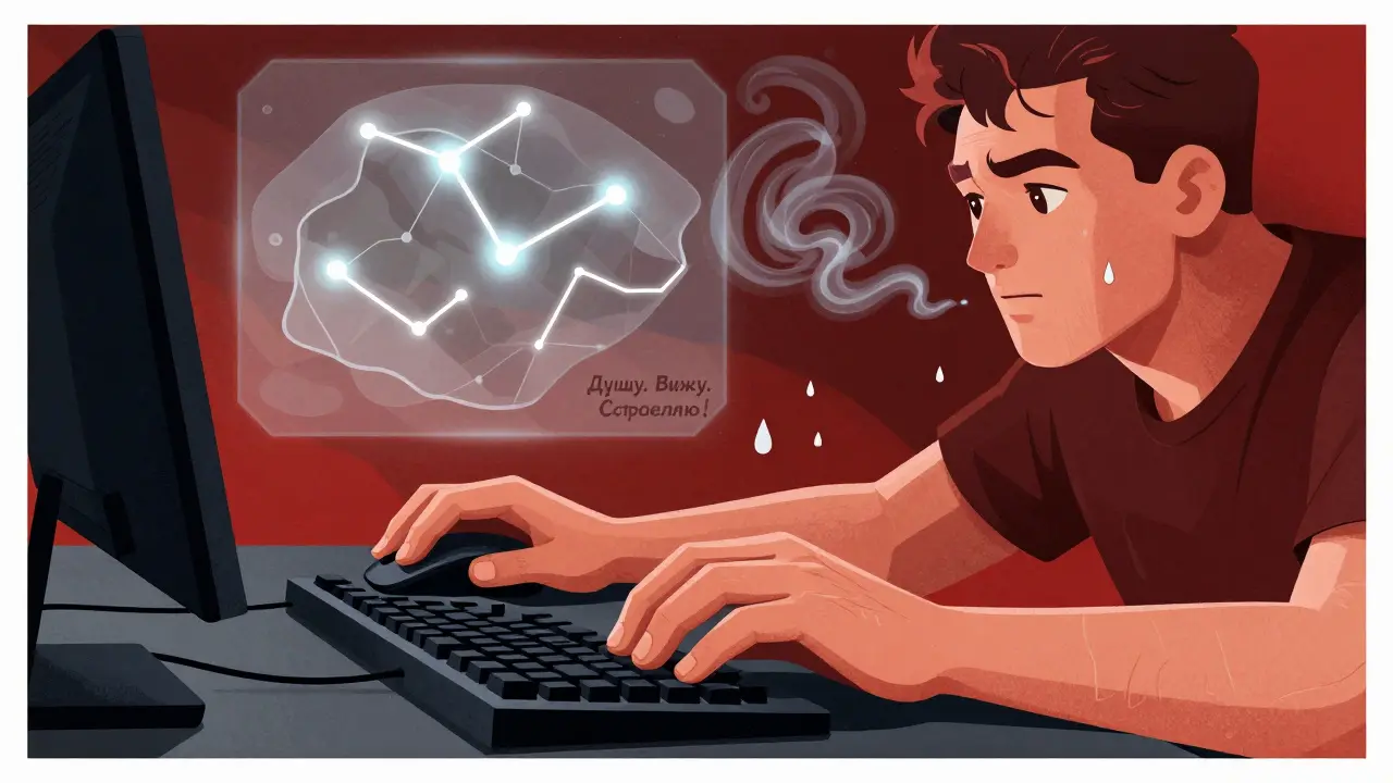 Руки игрока за клавиатурой, над ними визуализированы три точки карты и шепот 'Дышу. Вижу. Стреляй.'