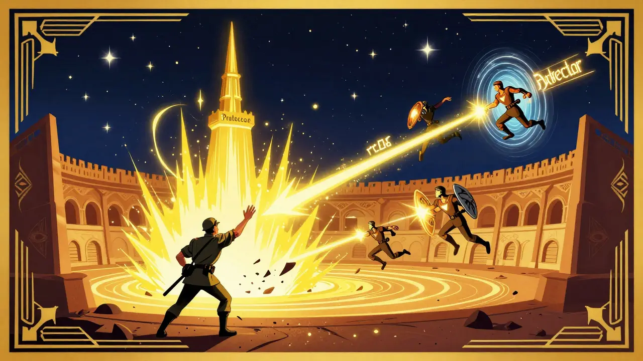 Солдат достигает вражеского покровителя, герои в движении, вокруг — взрывы гравитационных полей и декоративные узоры.