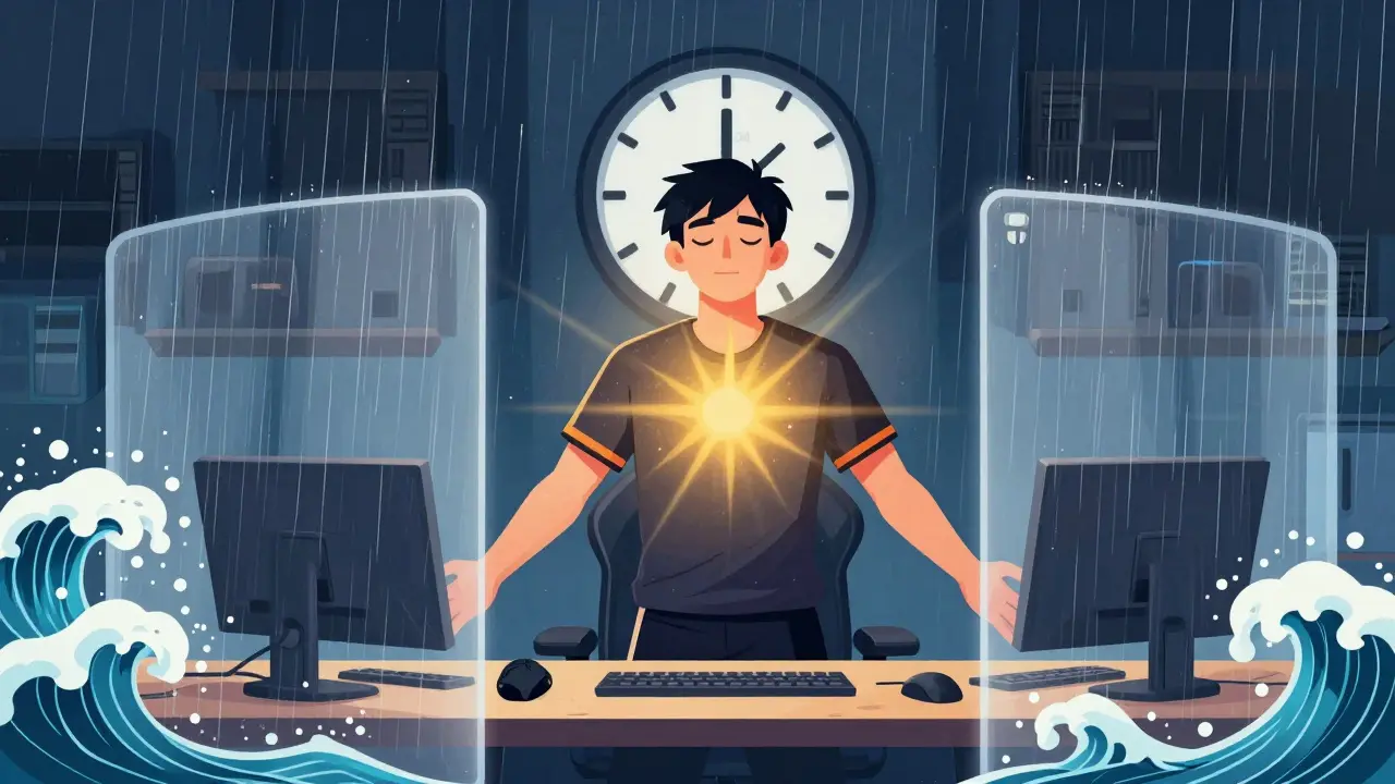 Спортсмен делает паузу, закрыв глаза, вокруг — защитная зона из звуков природы, цифры на часах показывают 45 минут.