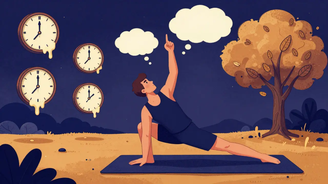 Спортсмен на йога-мате, из его тела растёт дерево с листьями-мыслями, символизирующее внутреннее спокойствие.