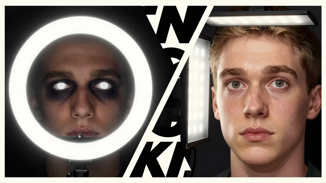 Сравнение жёсткого кольцевого света и мягкого света с софтбоксом на лице стримера, чёткие контрастные формы.