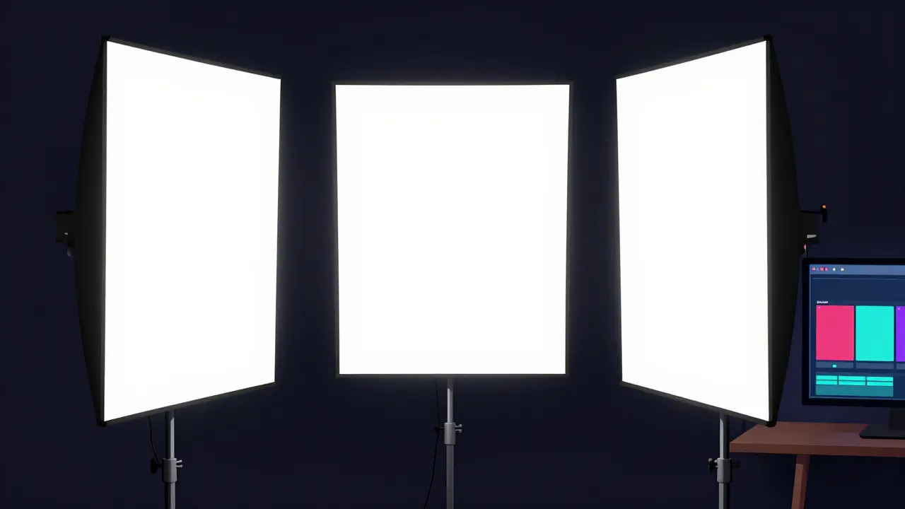 Трёхточечная система освещения для стрима: фронтальная, боковая и задняя панели, минималистичный дизайн в стиле плаката.