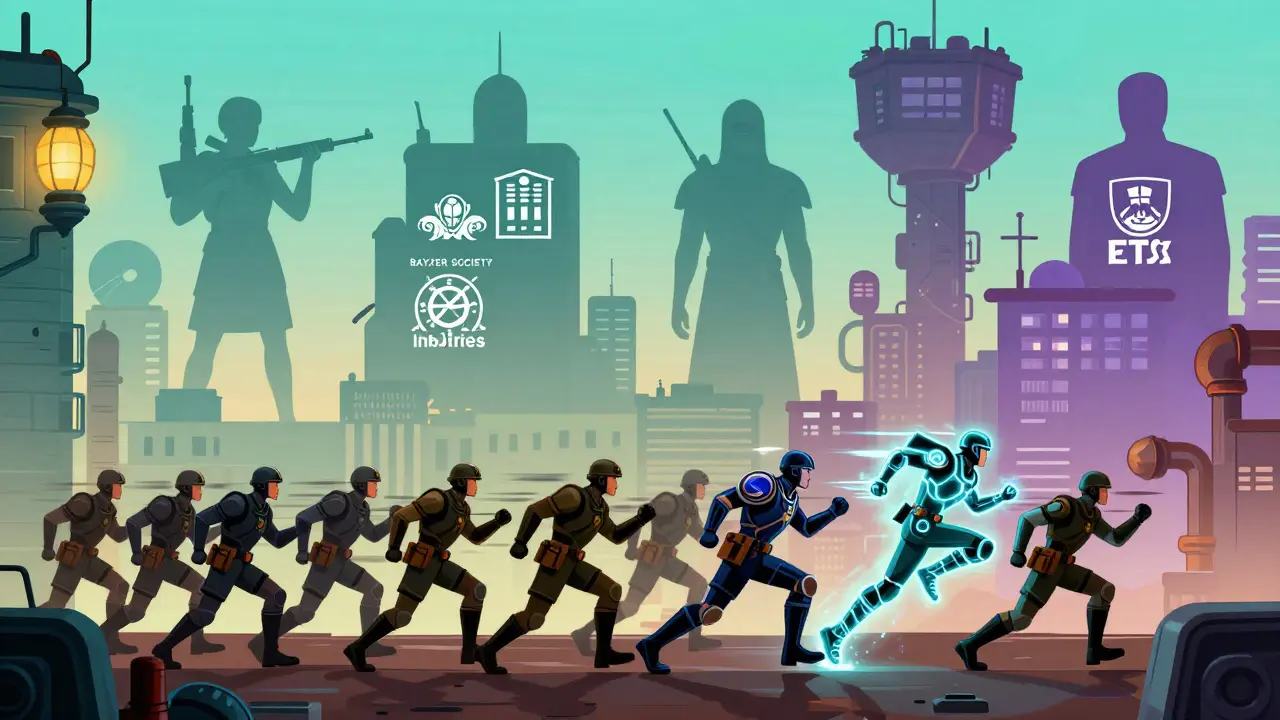 Три линии боя в 3D-городе: солдаты движутся, герои прыгают между зданиями, на фоне — эмблемы четырёх фракций.