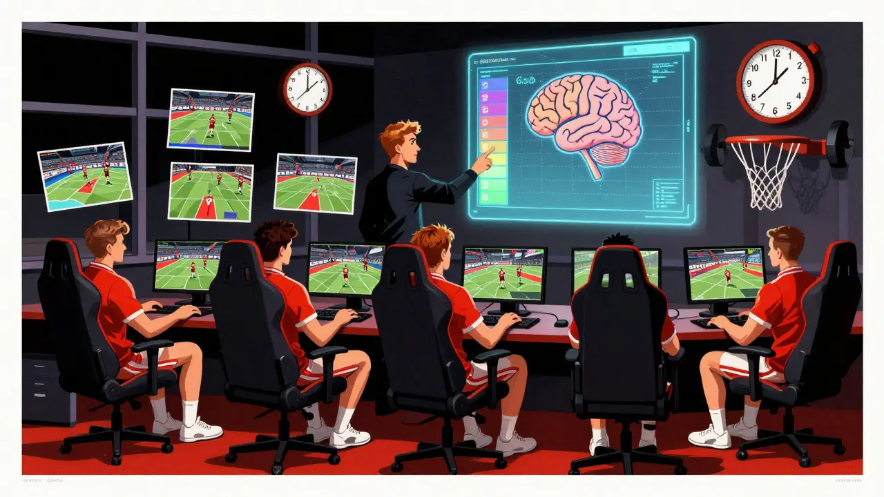 Буткемп: команда играет ночью, вокруг — видеоанализ, тренер указывает на диаграмму усталости мозга, в углу — баскетбольное кольцо.