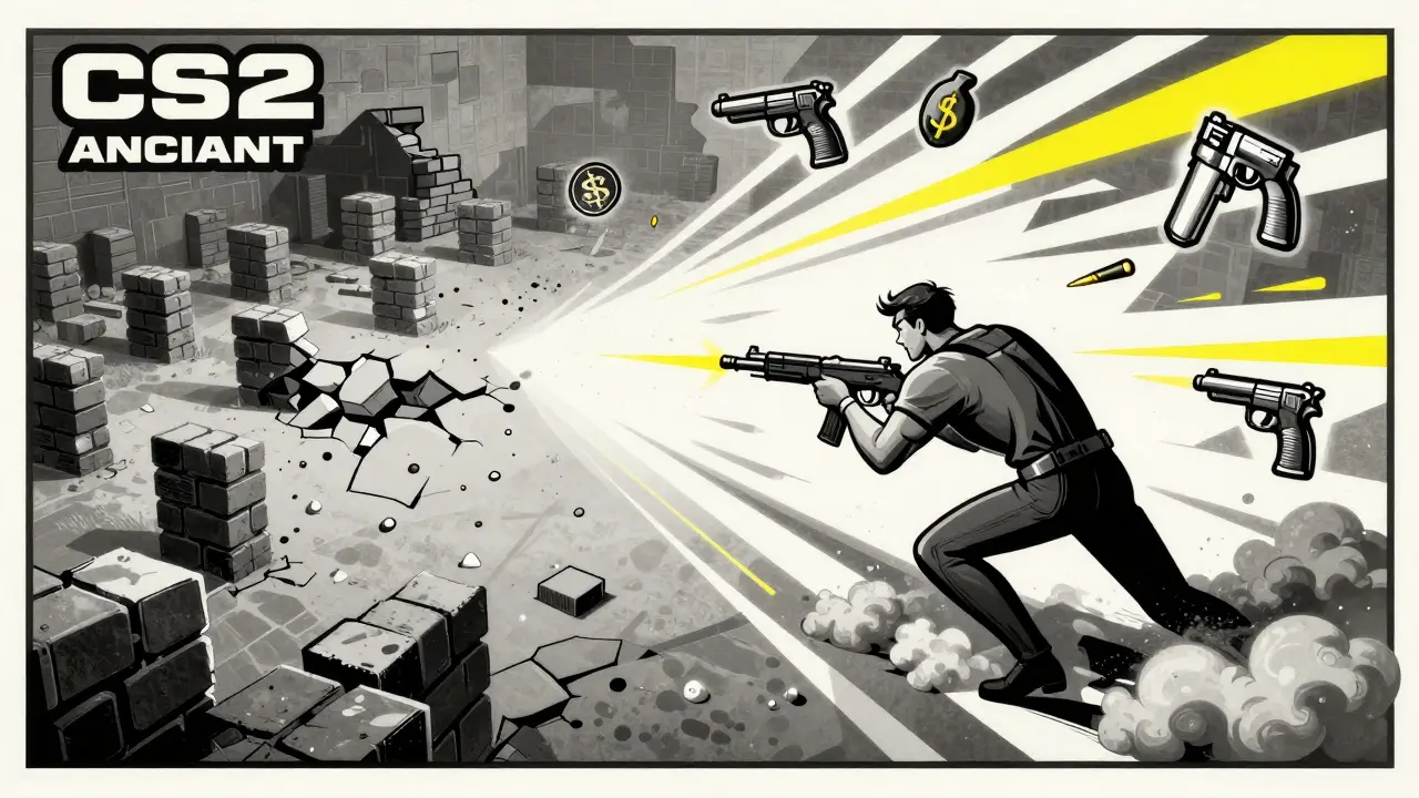 CS2 Ancient map battle showing crumbling old tactics vs. fluid new aggression with economic symbols in air.