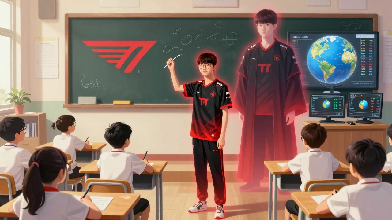 Дети в классе рисуют T1, а Фэйкер и юный талант светятся одинаковым красно-чёрным светом — наследие продолжается.