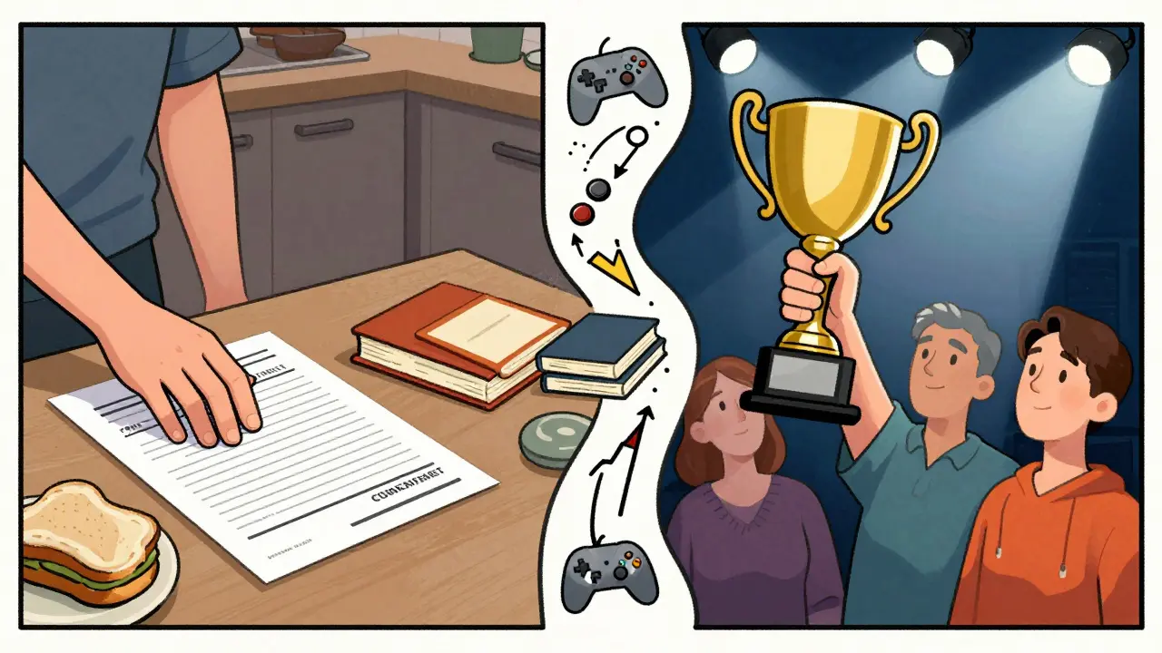 Два момента: регистрация на турнир и победа с трофеем, родители в зале — путь от сомнений к гордости.